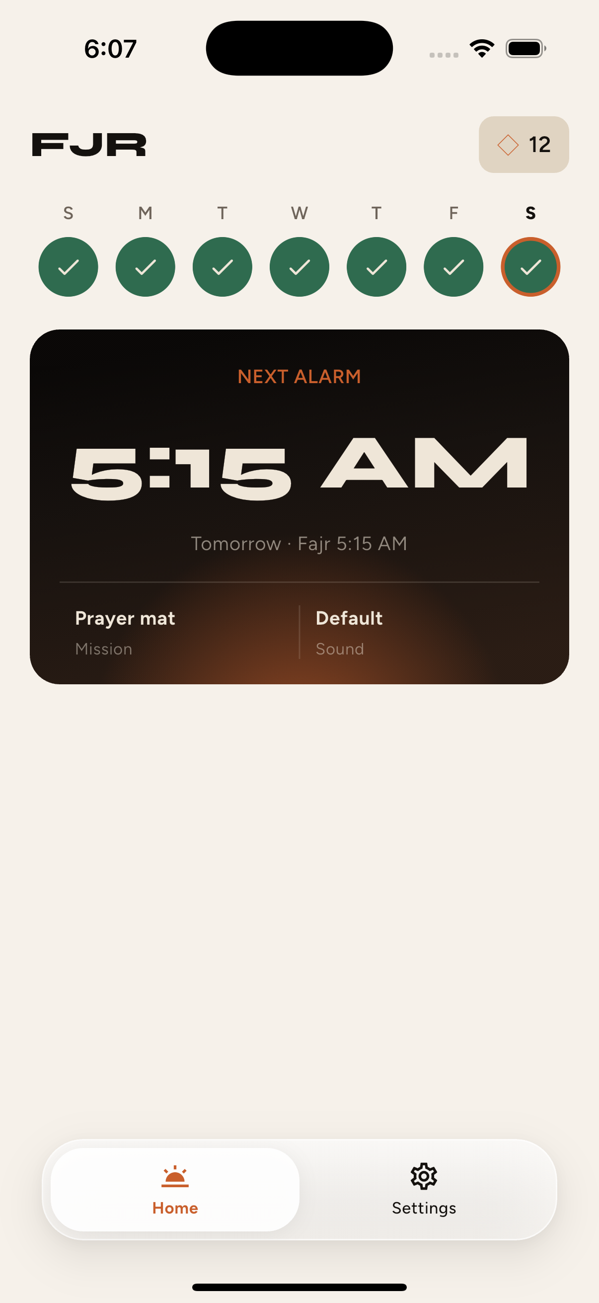 FJR home with a 12-day streak and next Fajr alarm