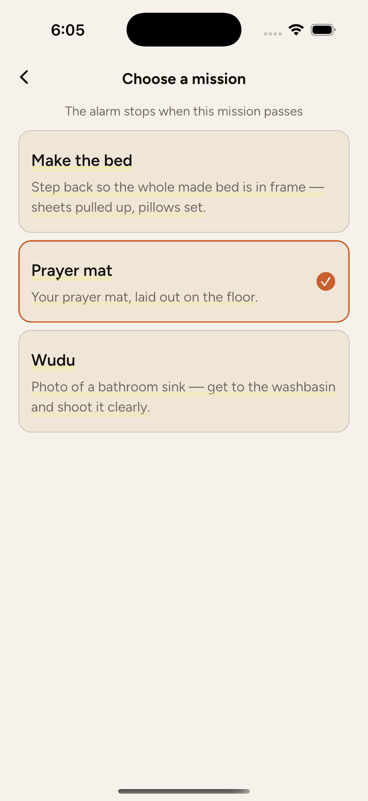 Choose a mission — prayer mat, make the bed, or wudu
